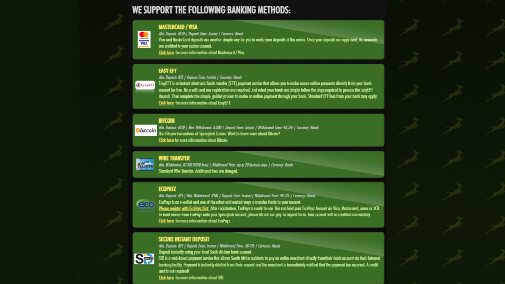 SpringBok Casino Deposits and Withdrawals list of options
