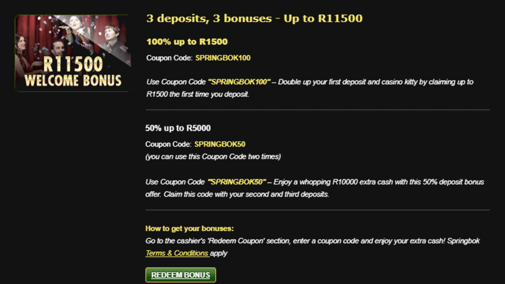 SPRINGBOK100 - BONUS CODE , 100% UP TO R1500