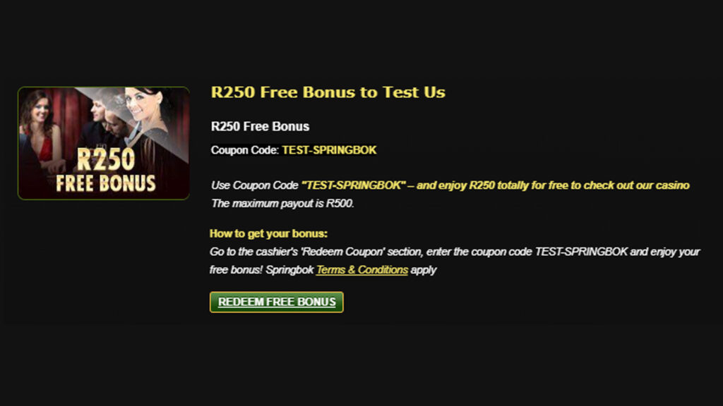 Springbok no-deposit bonus itself is a package of free chips worth R250 