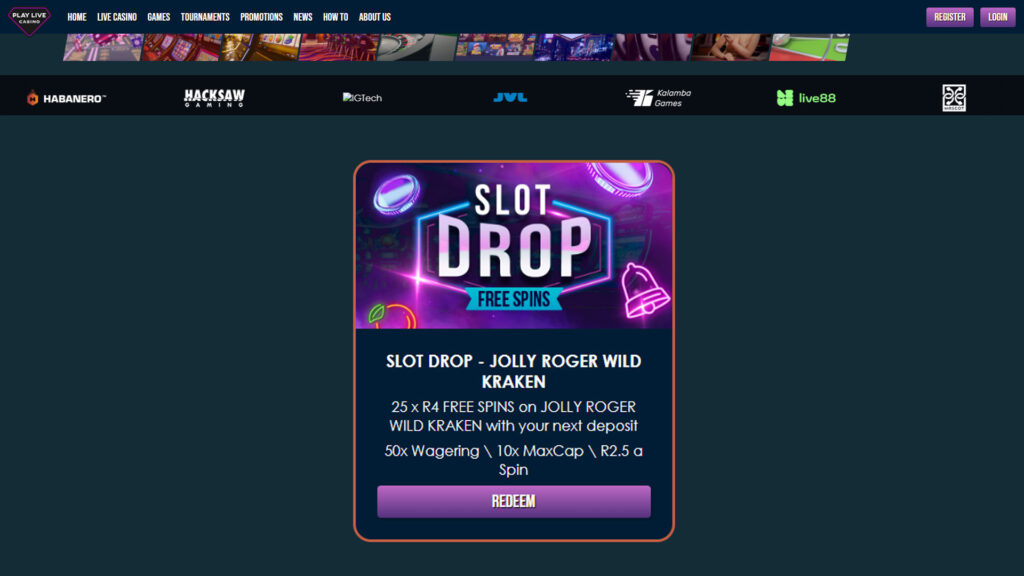 Slot Drop Bonus 25 free spins worth R2.5 each
