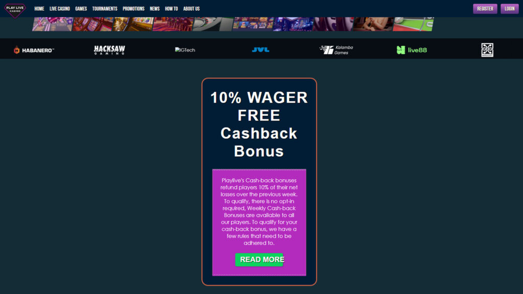PlayLive weekly cashback deal that allows you to recoup up to 10% of your net weekly losses