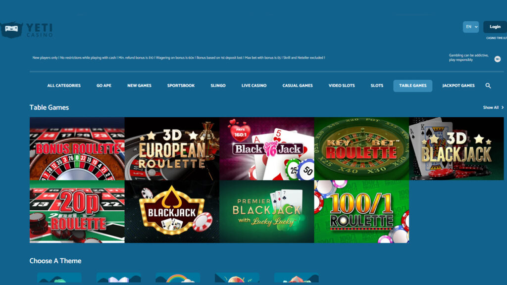Yeti Casino Table games